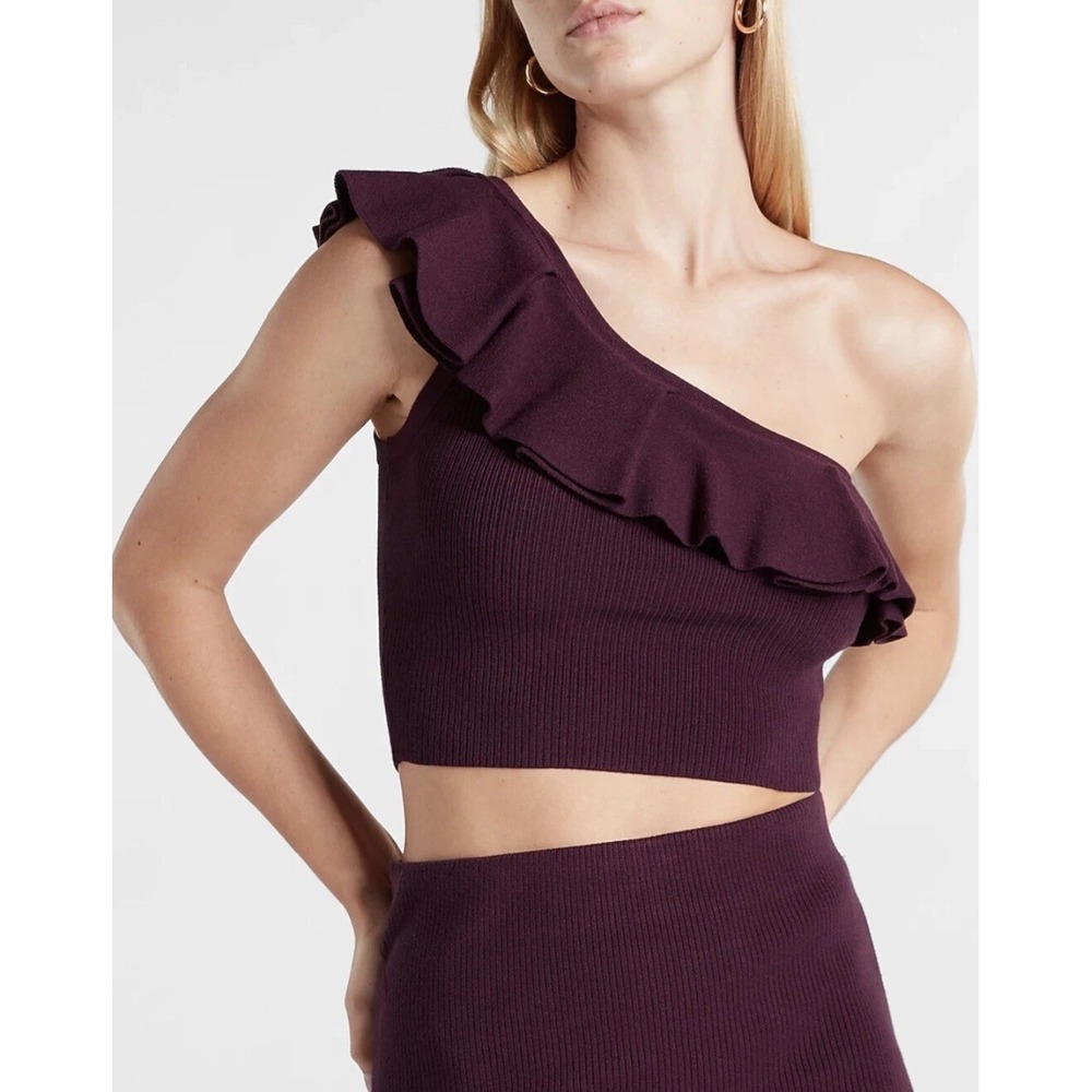 Express One Shoulder Ruffle Crop Sweater Purple‎ Body Contour Women Small NWT